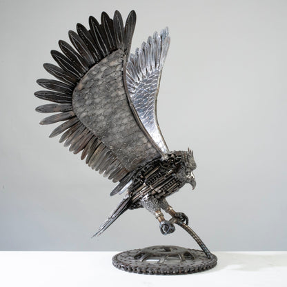 Owl metal sculpture angle view