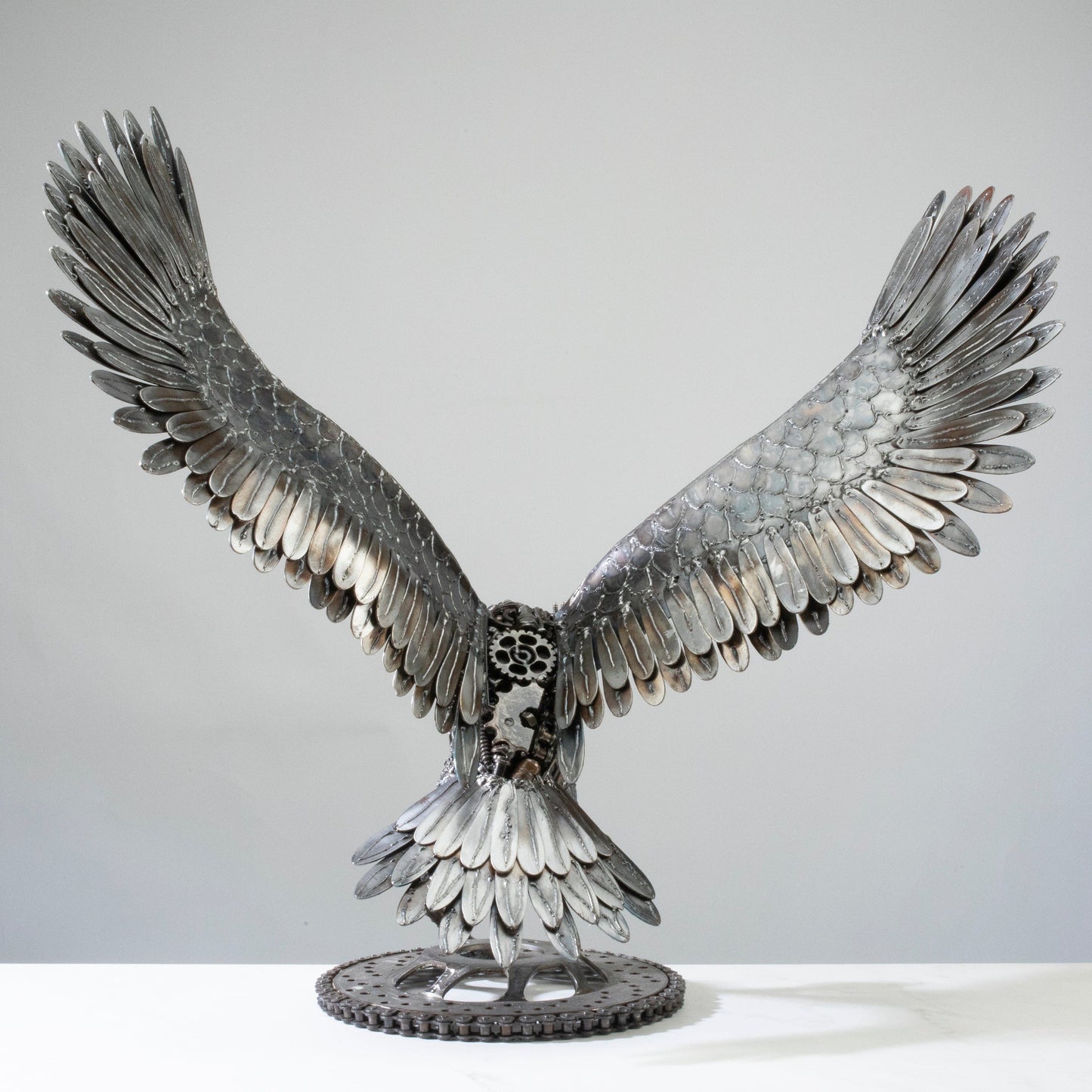 Owl metal sculpture face detail