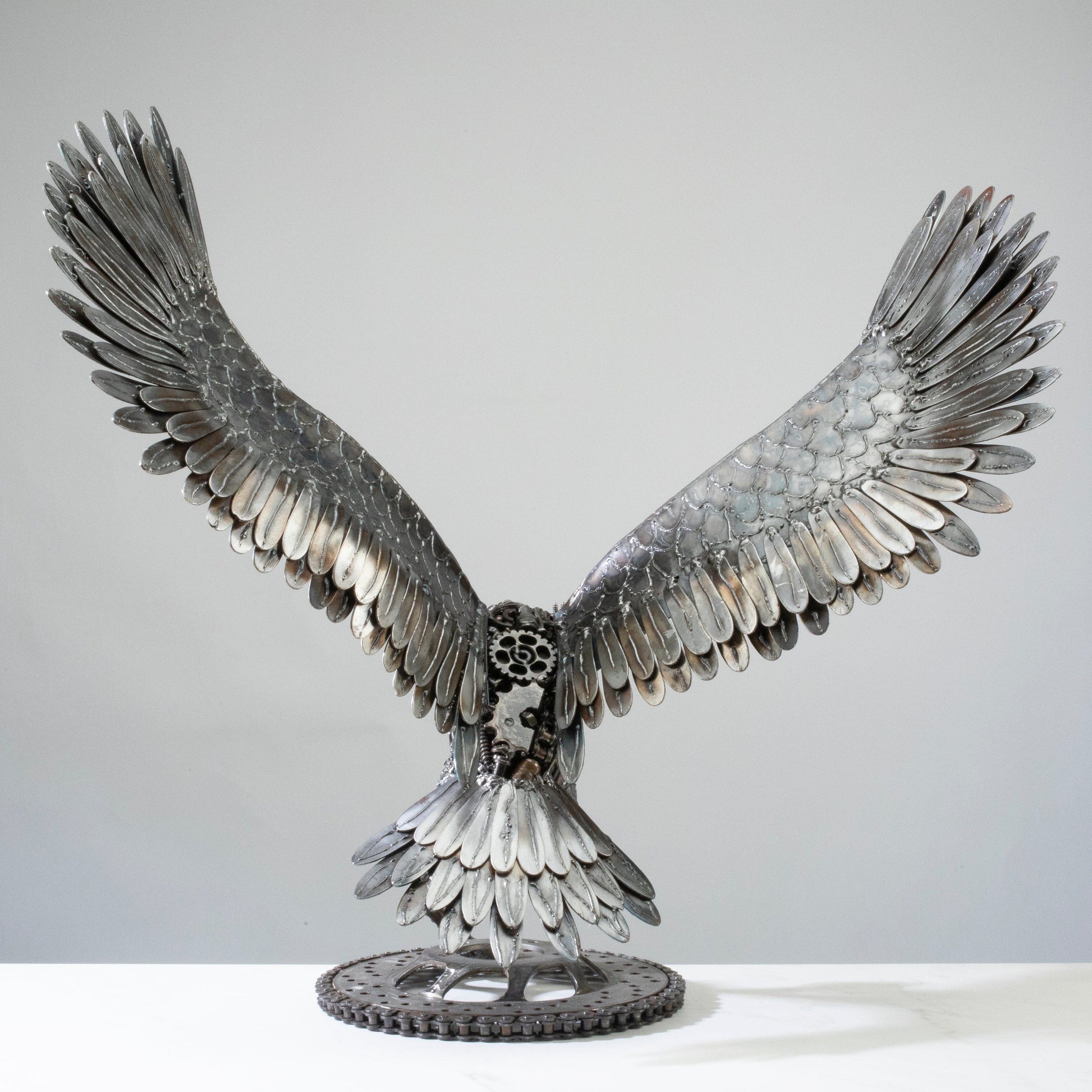 Owl metal sculpture face detail