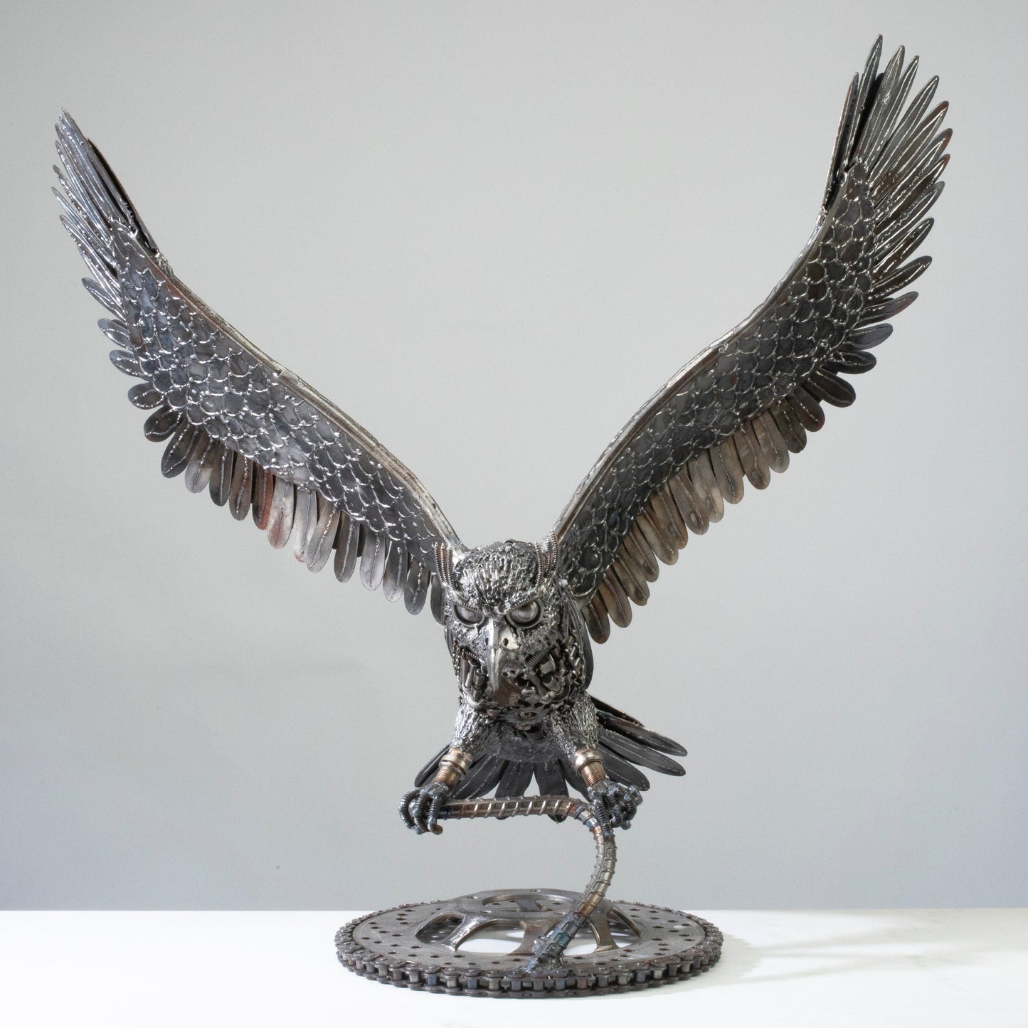 Owl metal sculpture feather detail