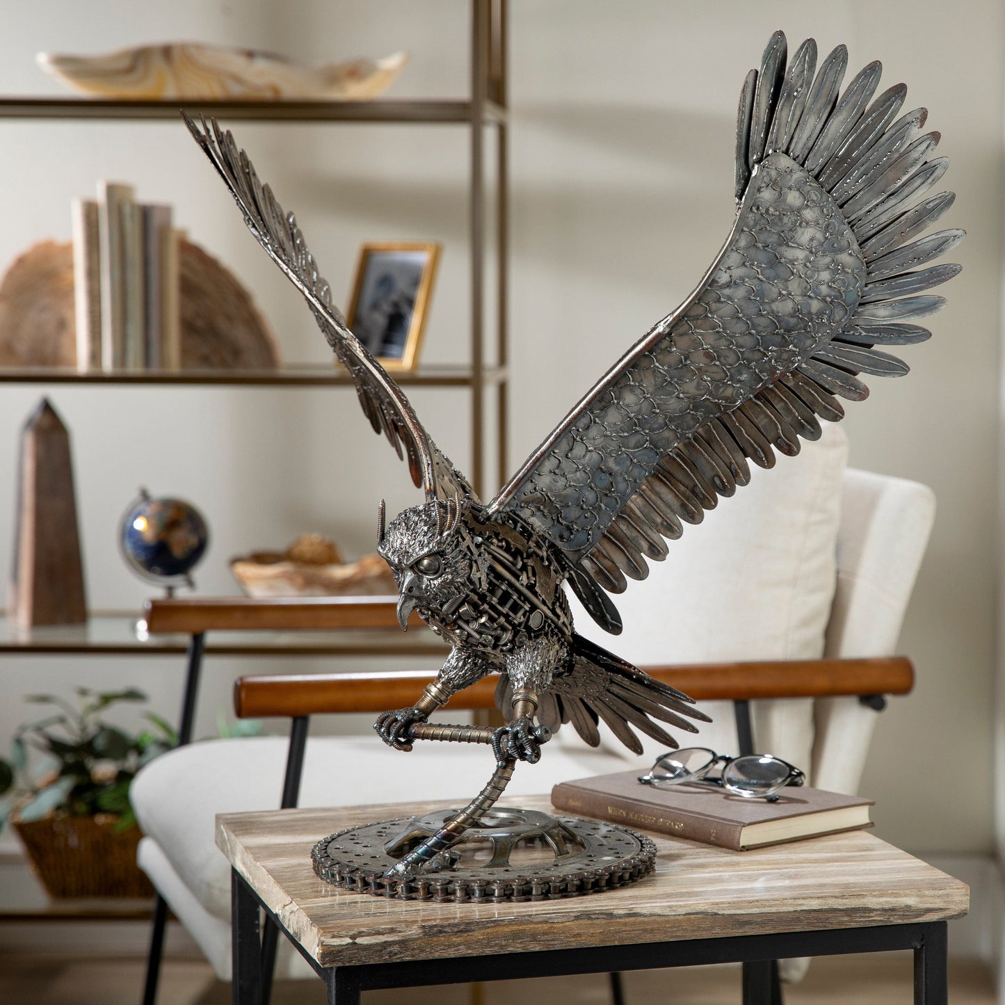 Owl metal sculpture front view