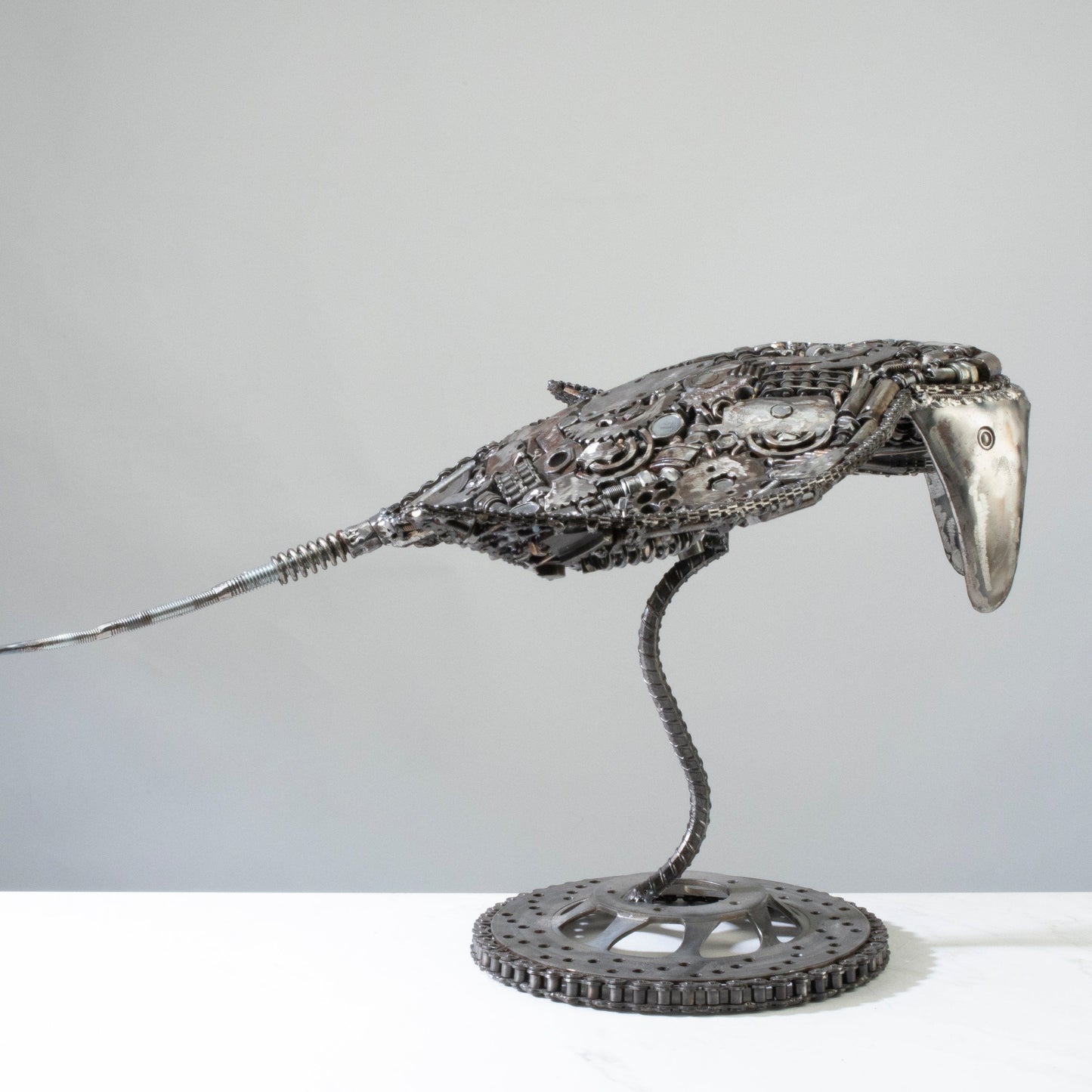 Manta ray metal sculpture angle view