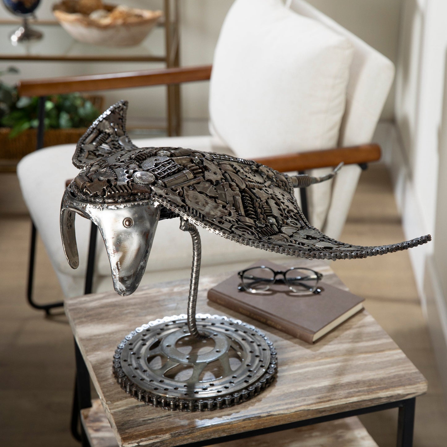 Manta ray metal sculpture top view