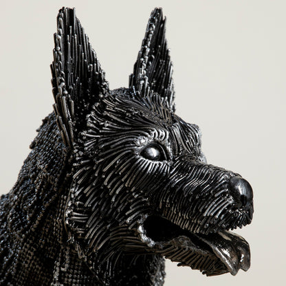 German Shepherd metal sculpture angle view
