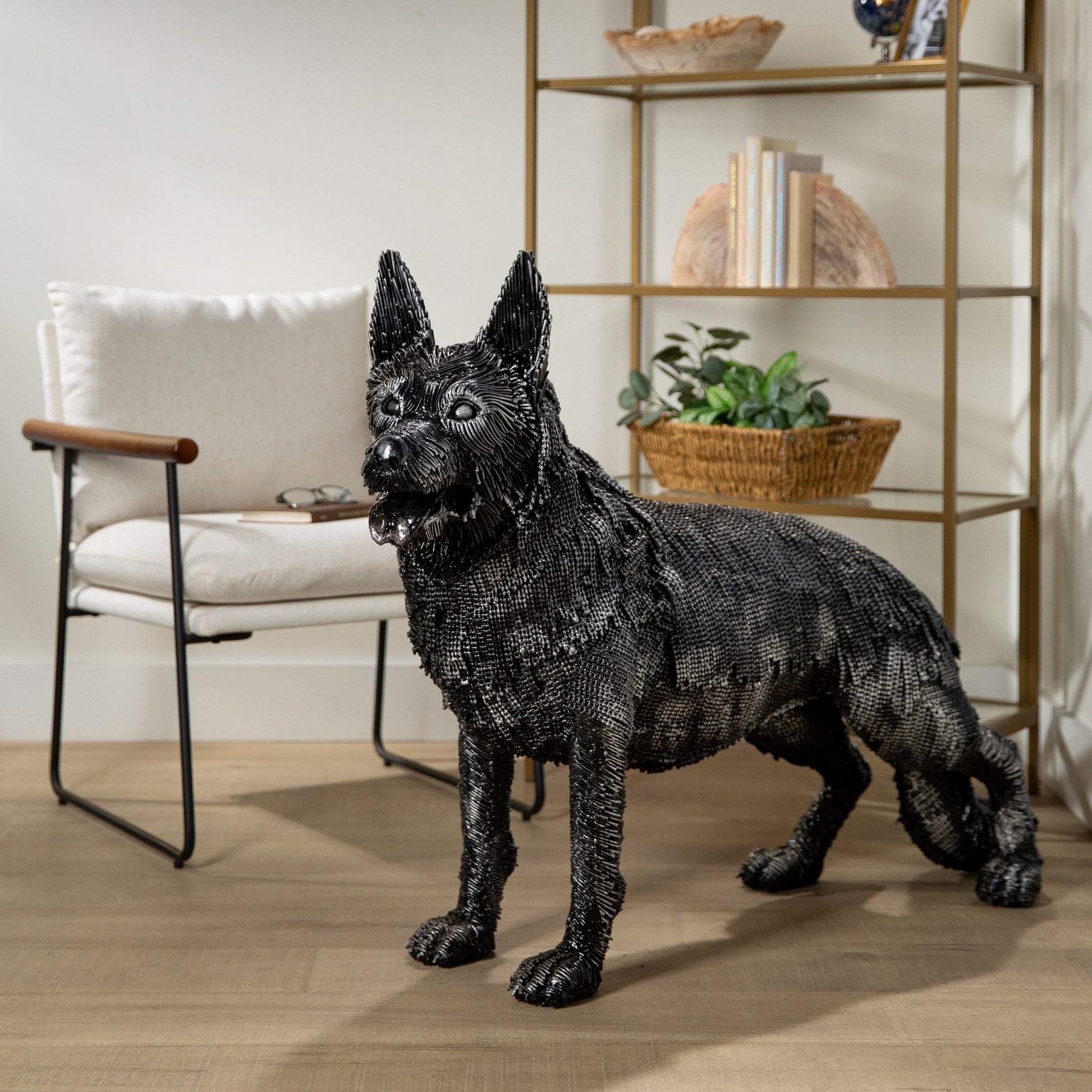 German Shepherd metal sculpture side view