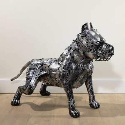 Pitbull metal sculpture angle view