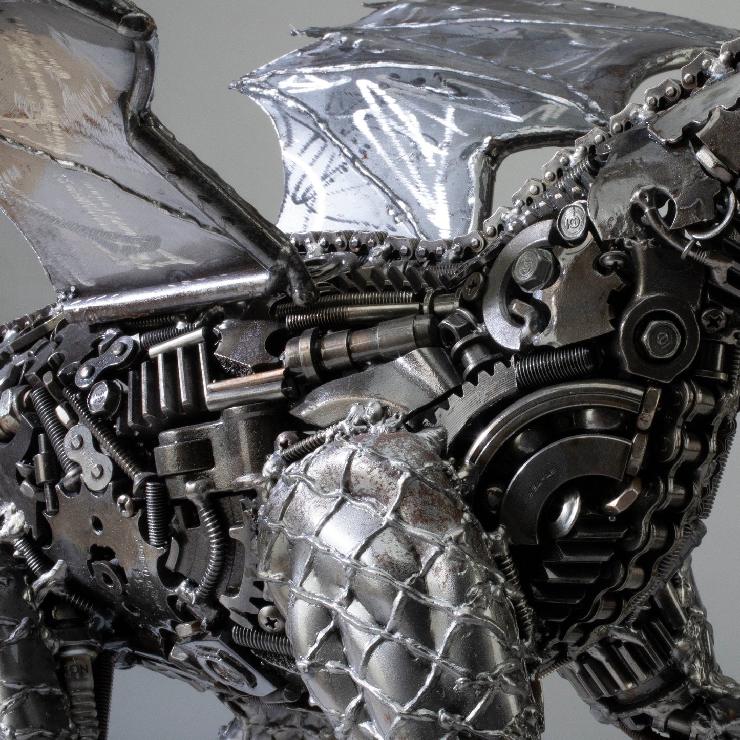 Dragon metal sculpture angle view