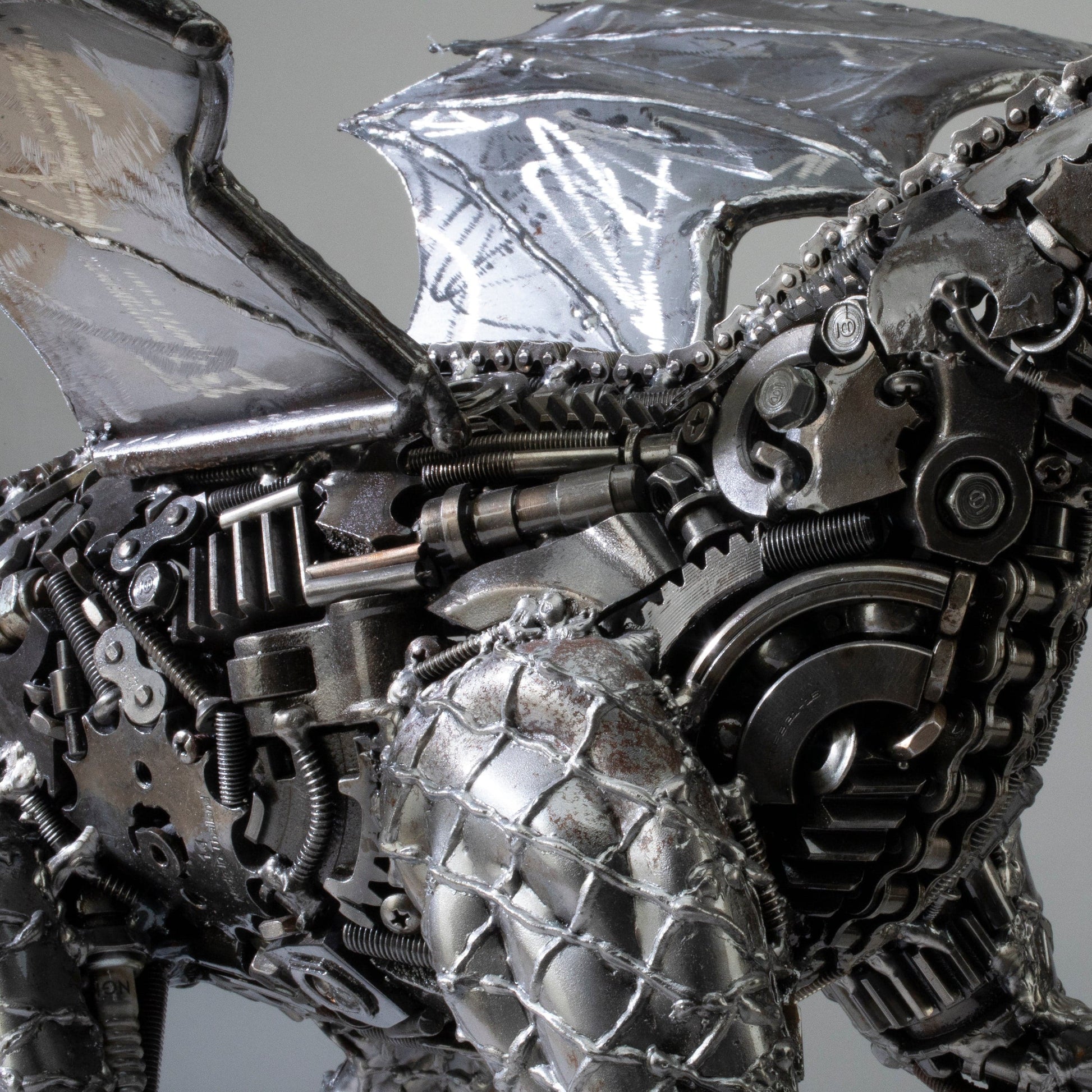 Dragon metal sculpture angle view