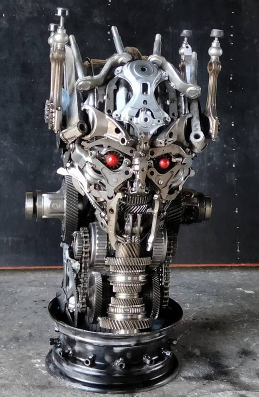 36 inch Megatron inspired recycled metal sculpture table — Vault 88