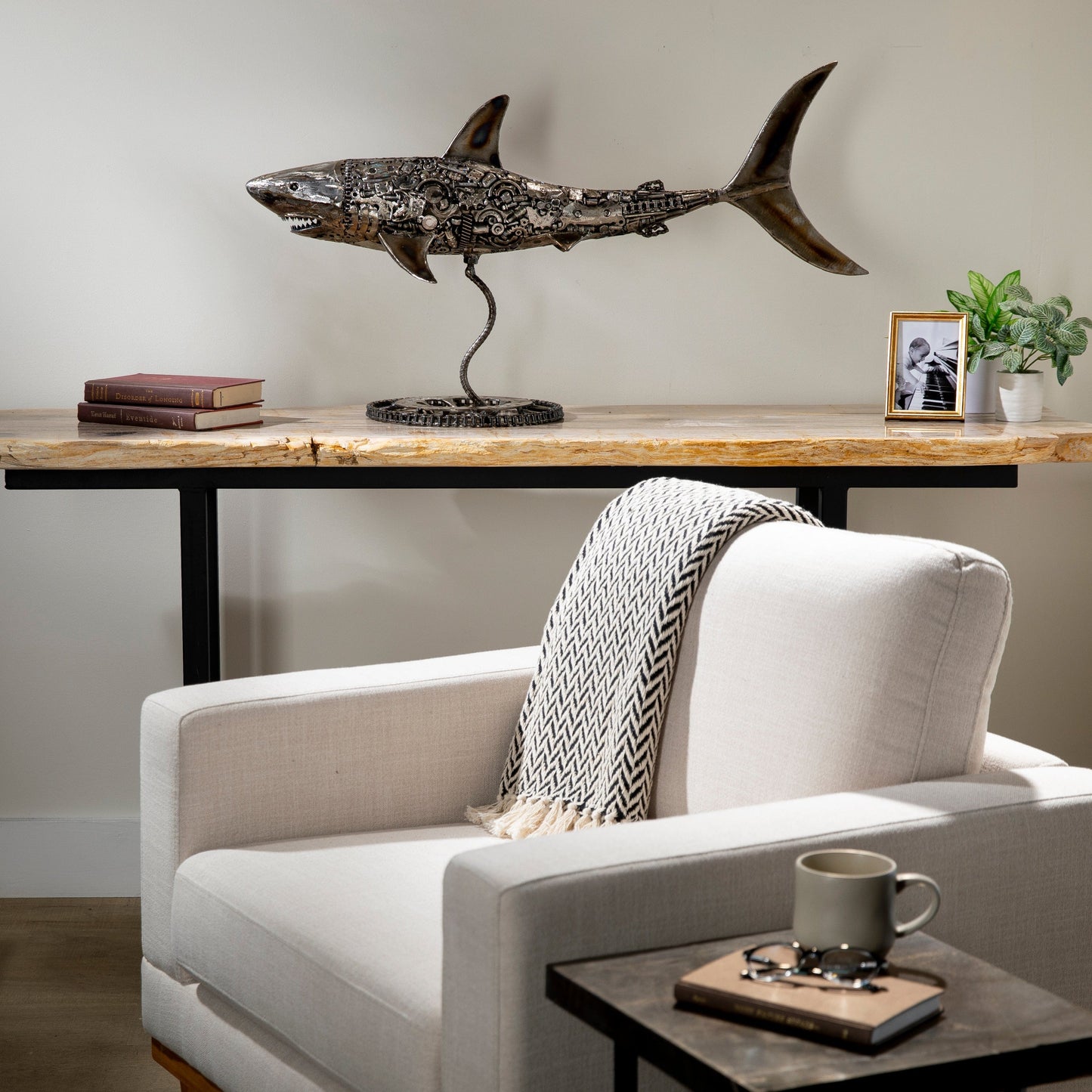 Great white shark sculpture side view