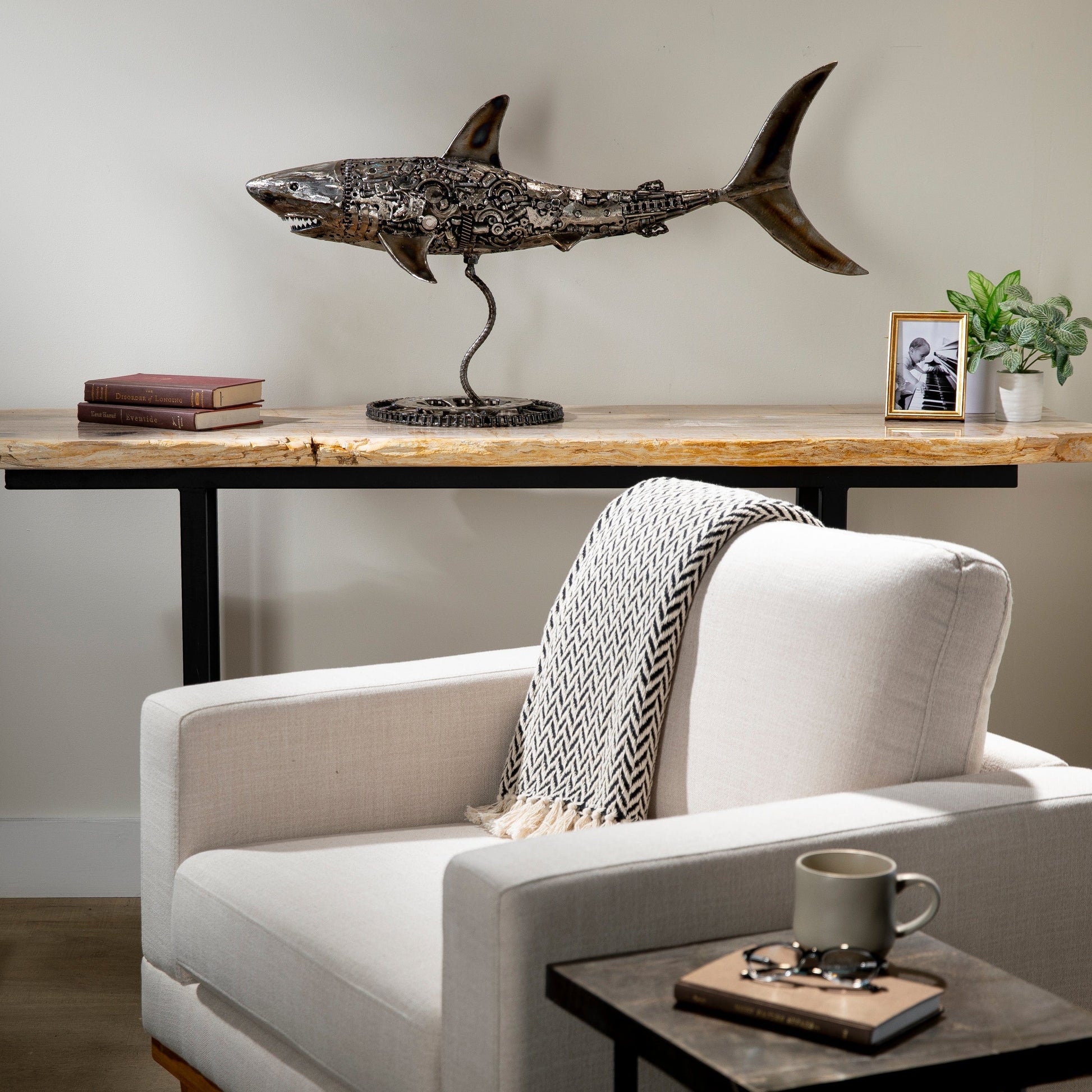 Great white shark sculpture side view