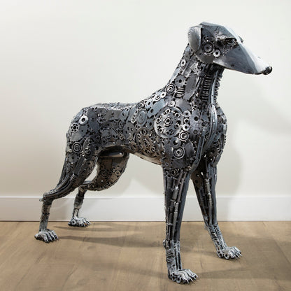 Greyhound metal sculpture angle view