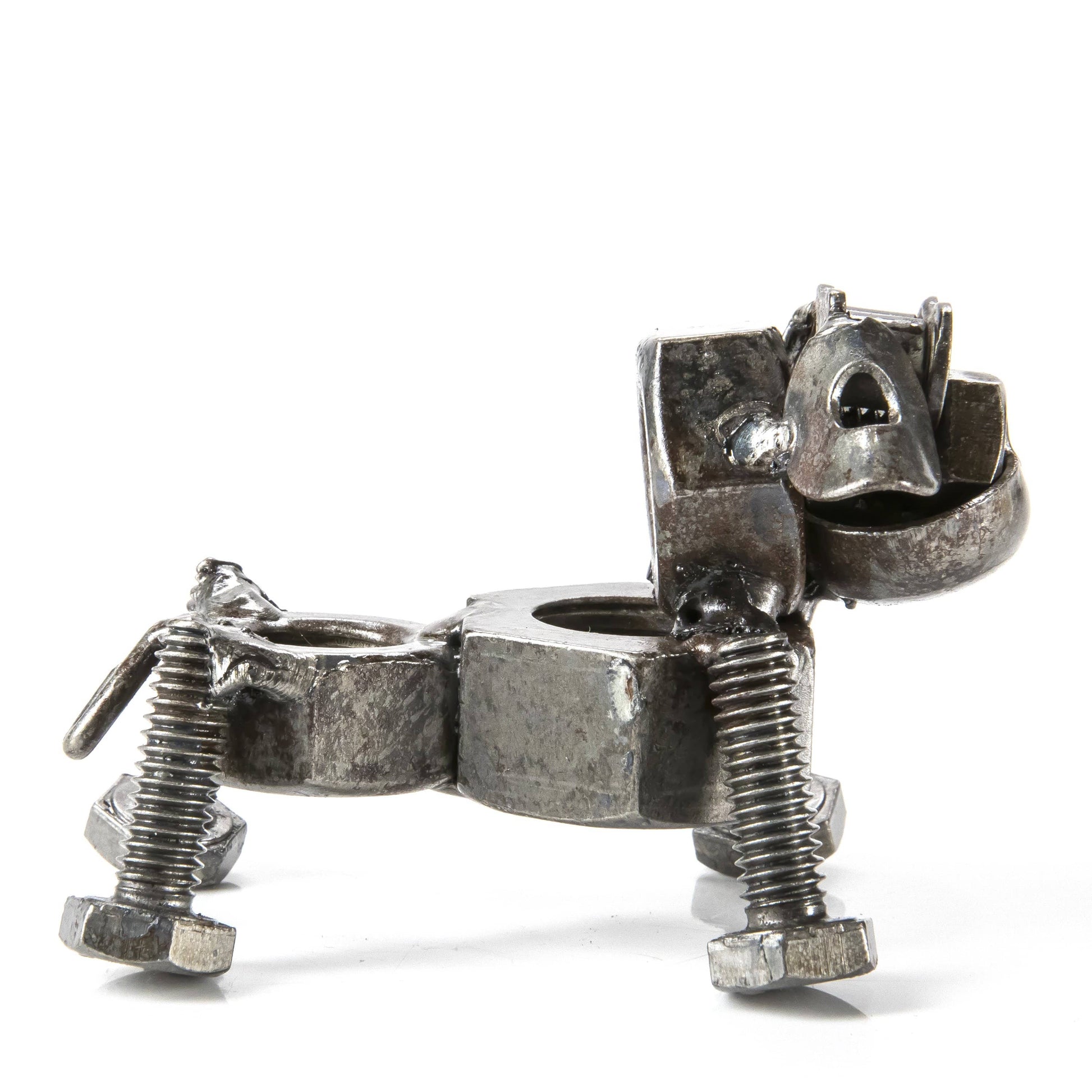 Dog metal sculpture angle view