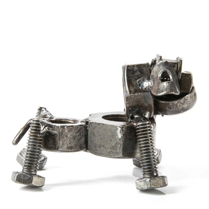 Dog metal sculpture angle view