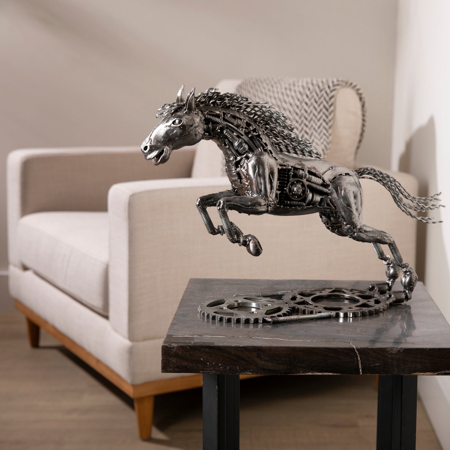 Running horse sculpture front view