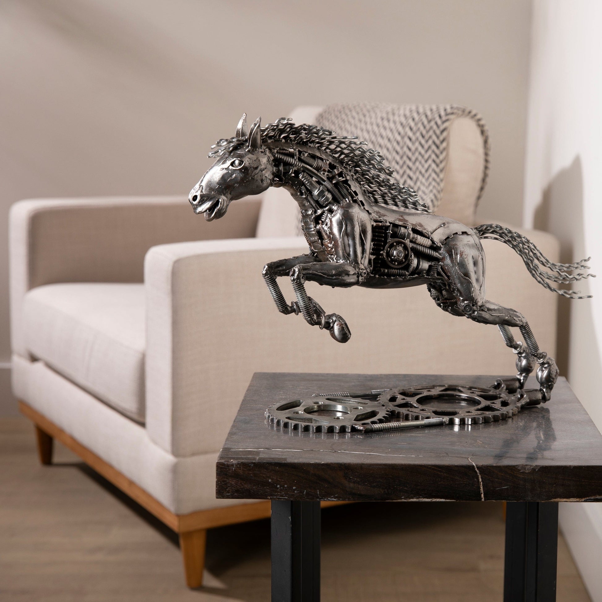Running horse sculpture front view
