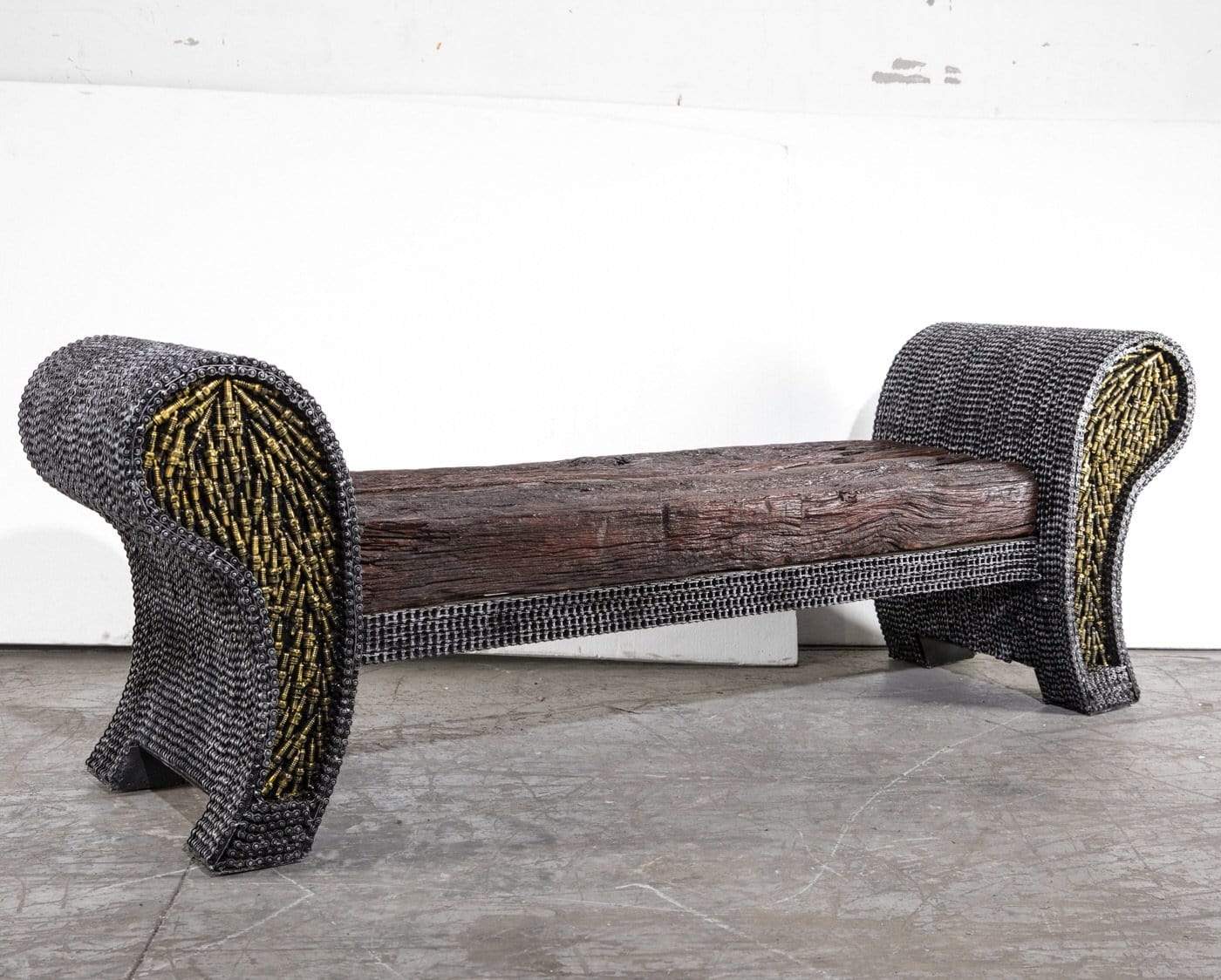 Petrified wood chain bench with recycled metal — Vault 88