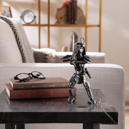 Samurai metal sculpture styled on a shelf — Vault 88