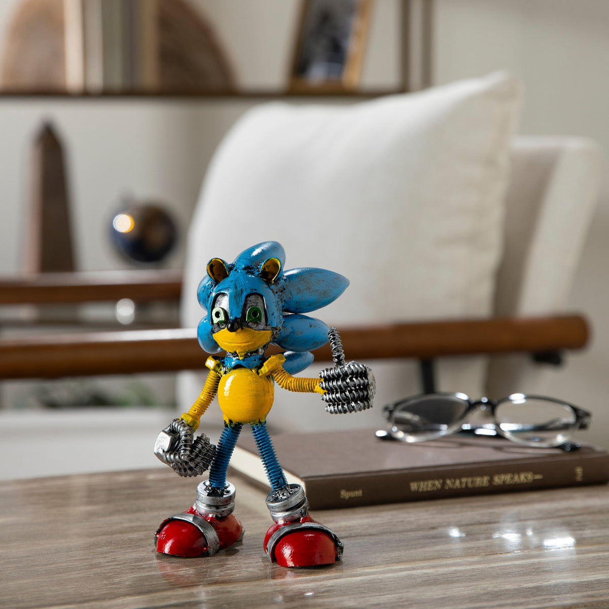 Sonic metal sculpture styled on a shelf — Vault 88