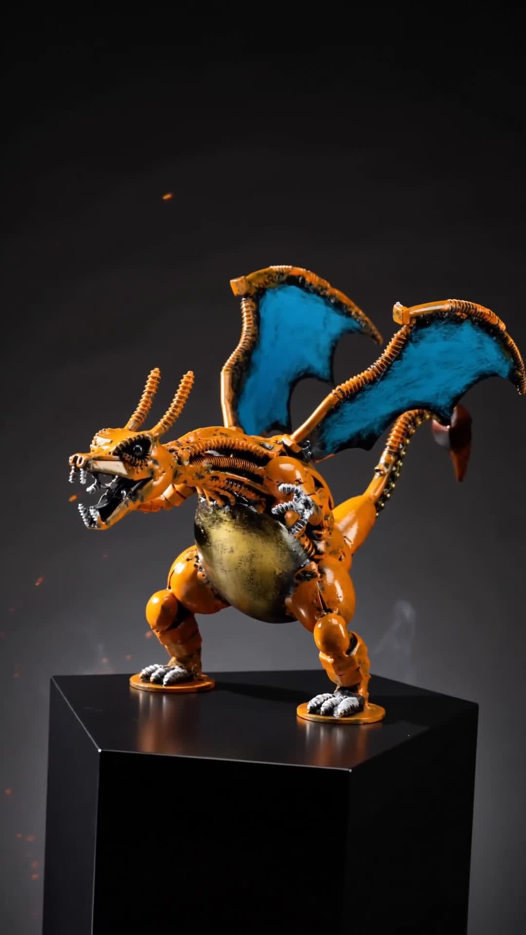 Charizard-inspired recycled metal sculpture on vault pedestal — hero poster