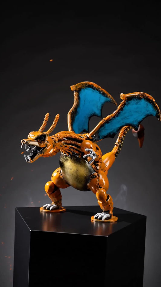 Charizard-inspired recycled metal sculpture on vault pedestal — hero poster
