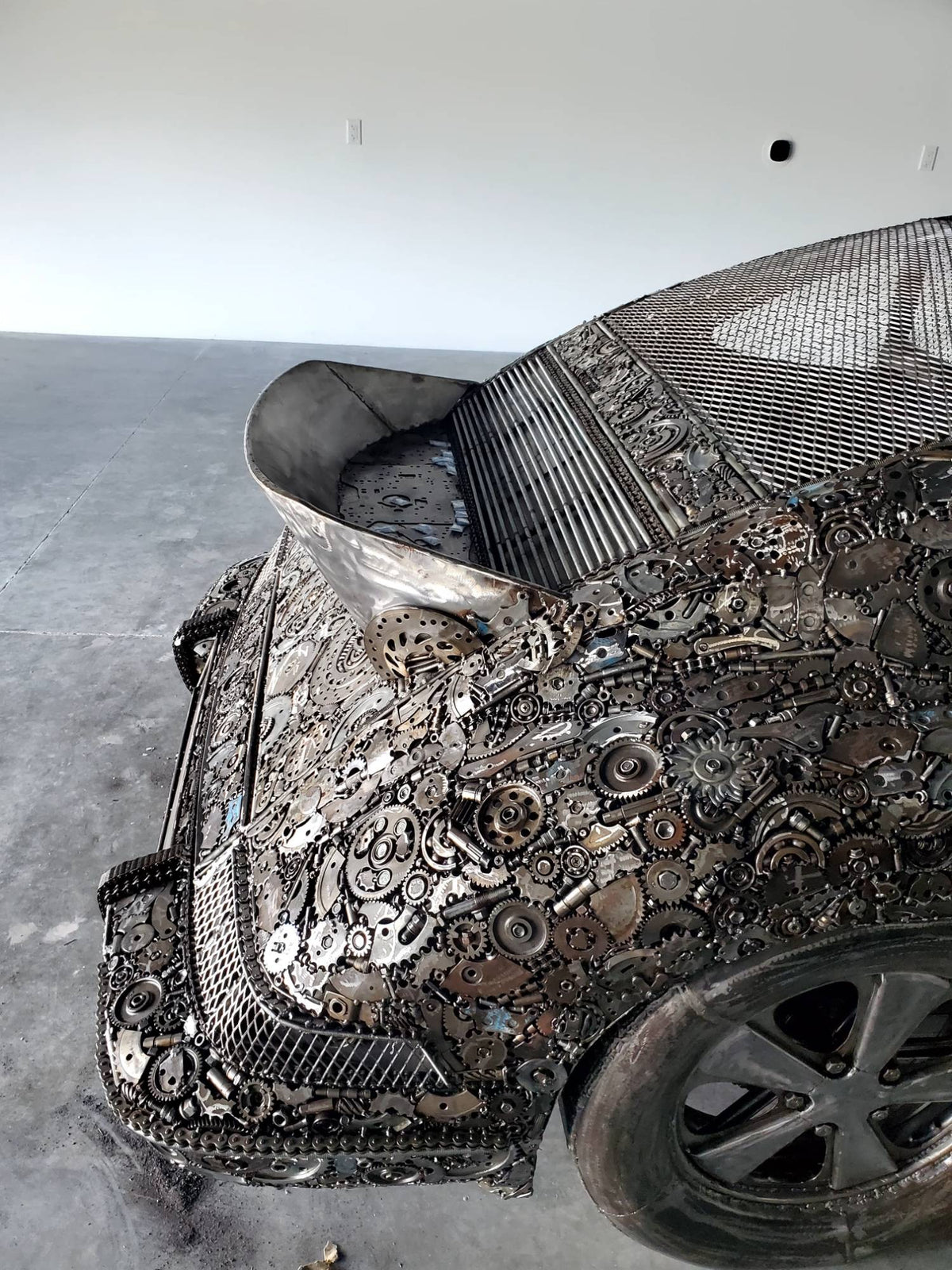 Carrera RS inspired full-scale classic recycled metal sculpture, ducktail rear spoiler detail