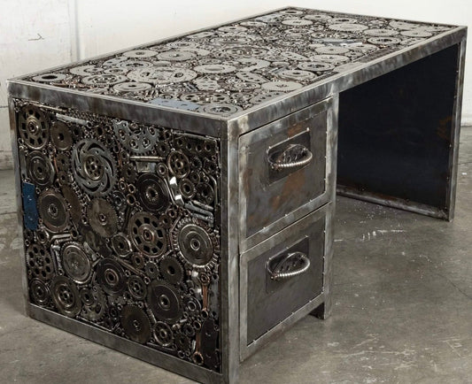 Recycled metal gear desk with two drawers, top and panels welded from gears and sprockets
