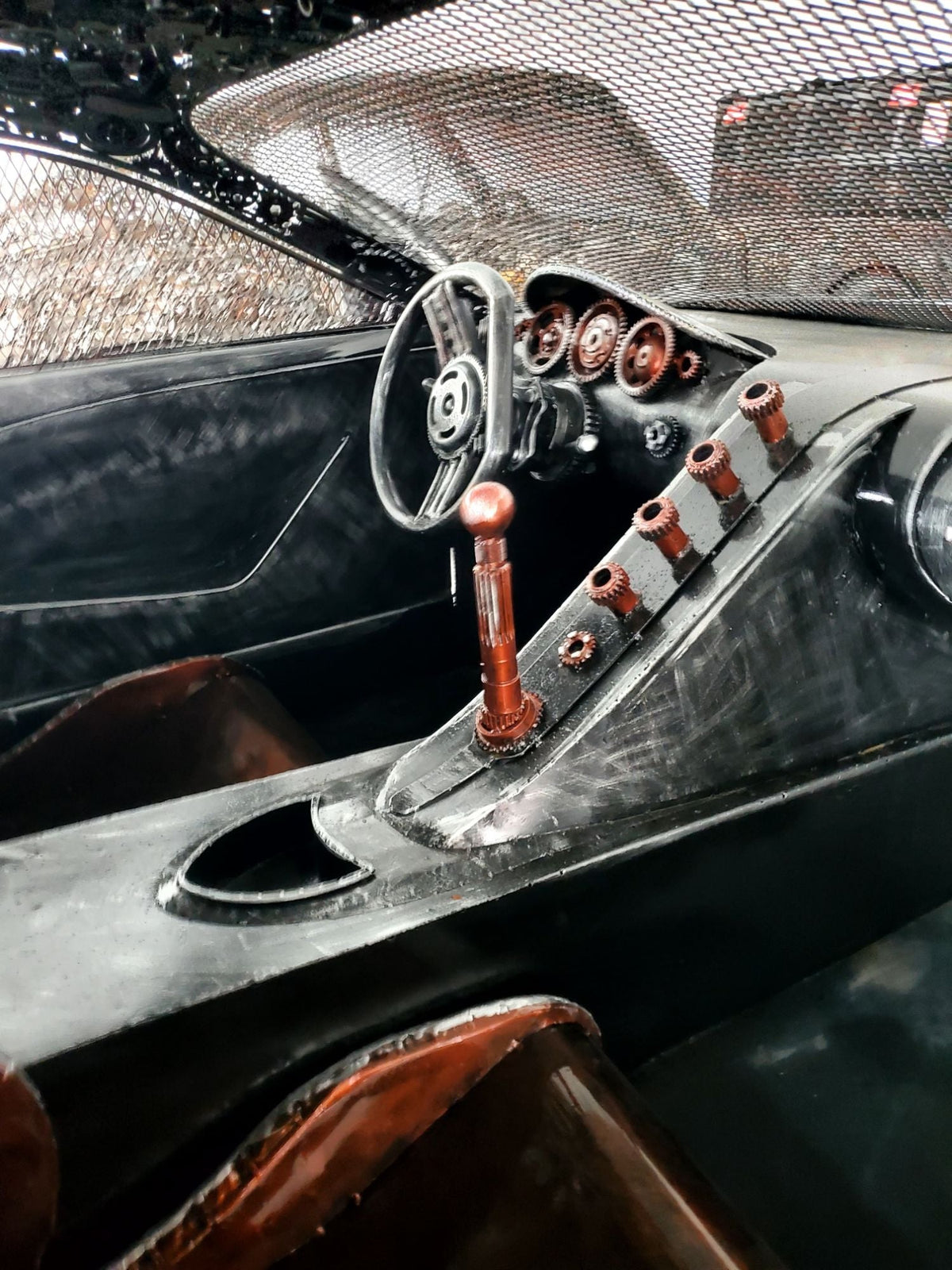 Chiron-inspired full-scale hypercar recycled metal sculpture, hand-welded interior with gear dashboard