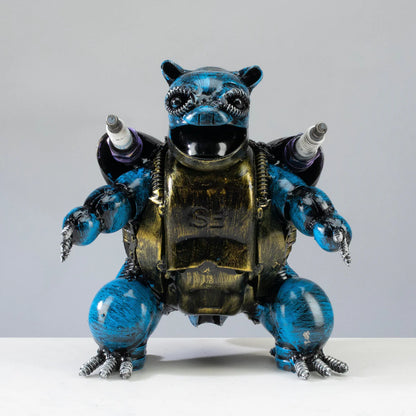 Blastoise Pokémon inspired recycled metal sculpture — weld detail close-up — Vault 88
