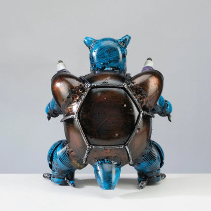 Blastoise Pokémon inspired recycled metal sculpture — rear view — Vault 88